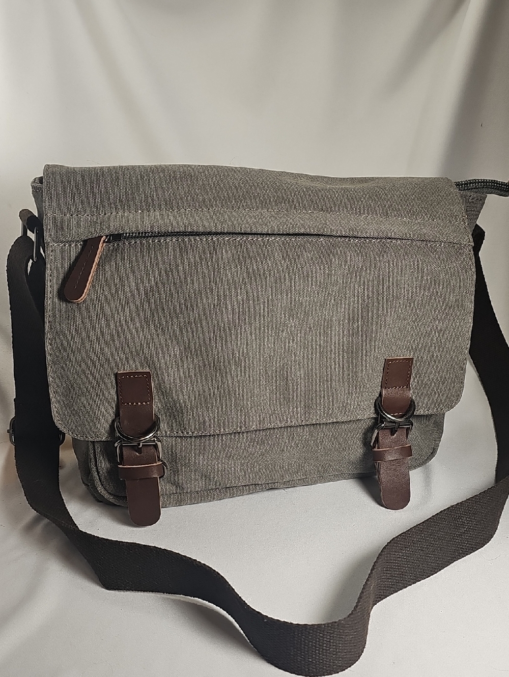 Canvas Messenger Bag for Men - Gray with Brown Leather Accents